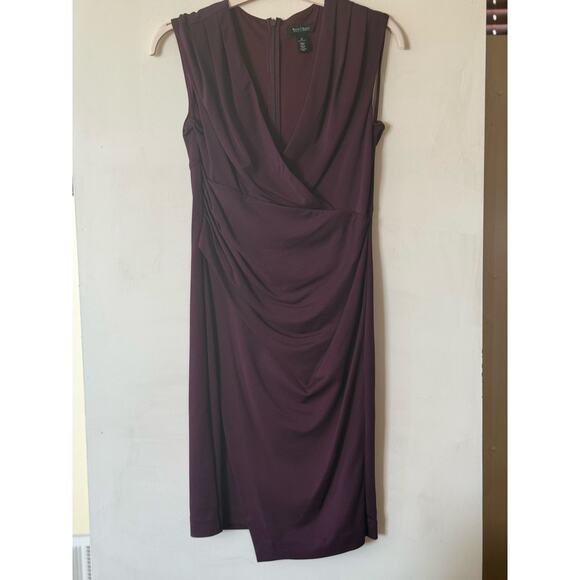 White House Black Market Dresses & Skirts - WHBM Asymmetrical Ruched V Neck Bodycon Dress Burgundy Purple Size 10 MINT